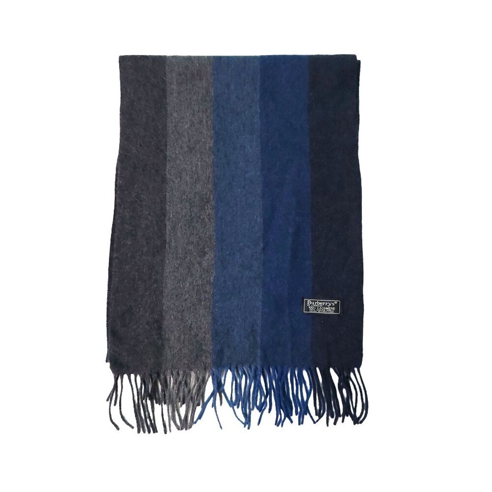 Burberry Blue & Gray Vertical Stripe Cashmere Fall Winter Outdoor Scarf Scarves - Picture 2 of 5